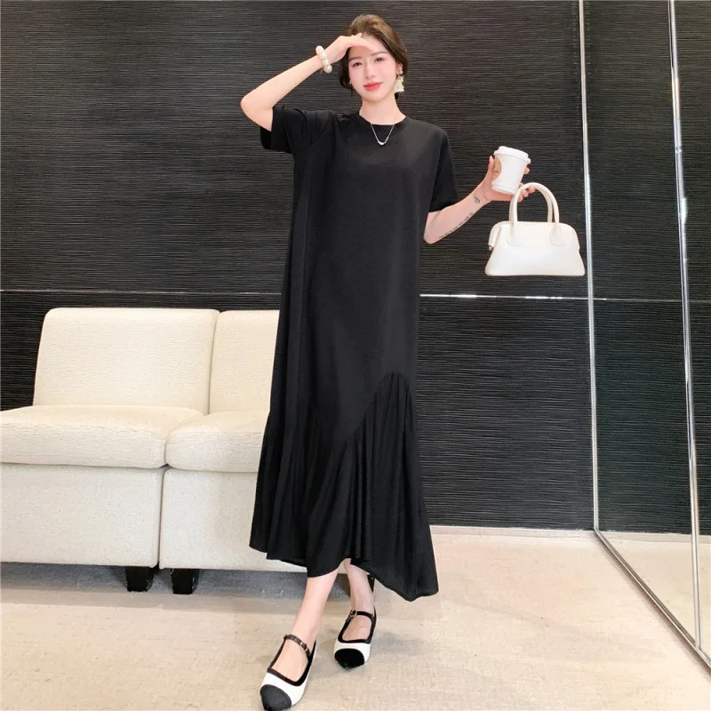 Casual Loose O-neck Solid Short sleeved Dresses Summer Women's Dress New Irregular Splicing Black Maxi Dress Woman clothing