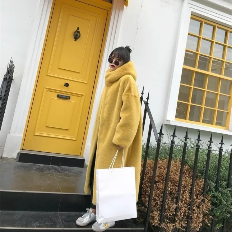 여성용 두꺼운 타입 모조 밍크 헤어, 긴 스타일 후드, 느슨한 인조 봉제 모피 코트, 가을 및 겨울