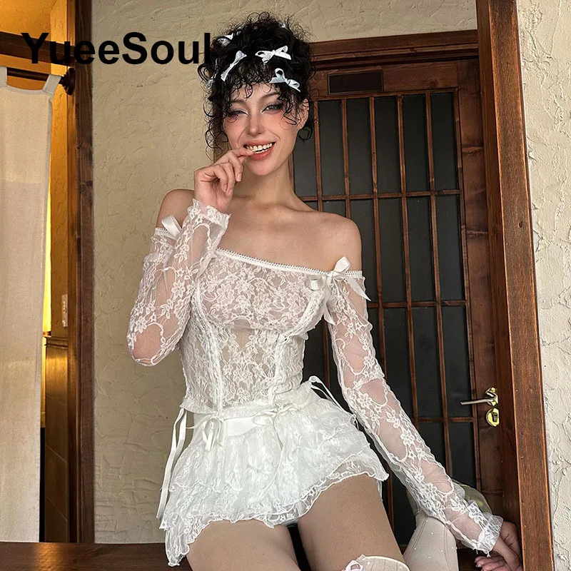 Lace Transparent Sexy Women T-shirts Solid Long Sleeve Female Tee 2024 Summer New Y2K Aesthetic Casual Streetwear Women Clothes