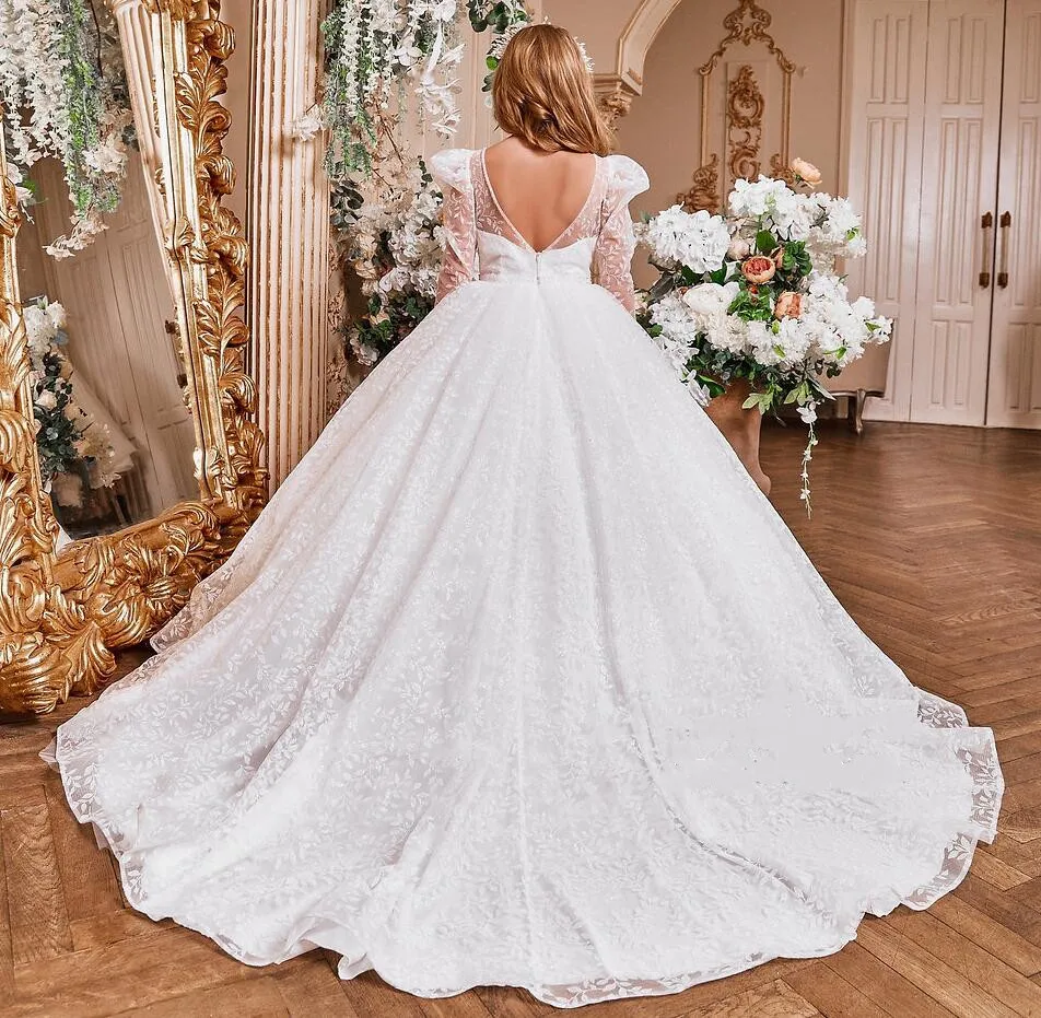 Vestidos de flores blancas de lujo para niñas, vestidos de desfile de primera comunión para bodas, Apliques de encaje de Organza esponjosa