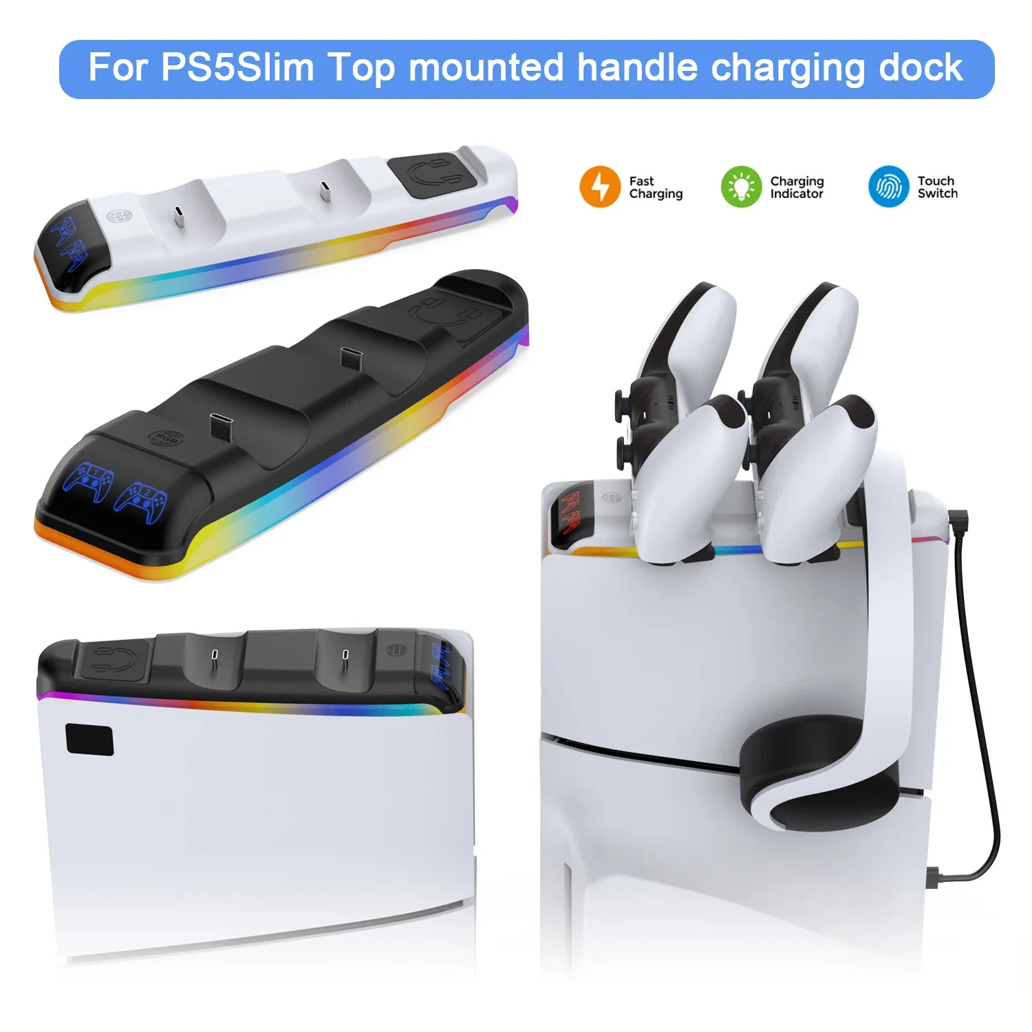 For PS5Slim Overhead Dual Handle Charging Dock with RGB Game Dual Controller Top Mounted Charging Station for Playstation5 Slim