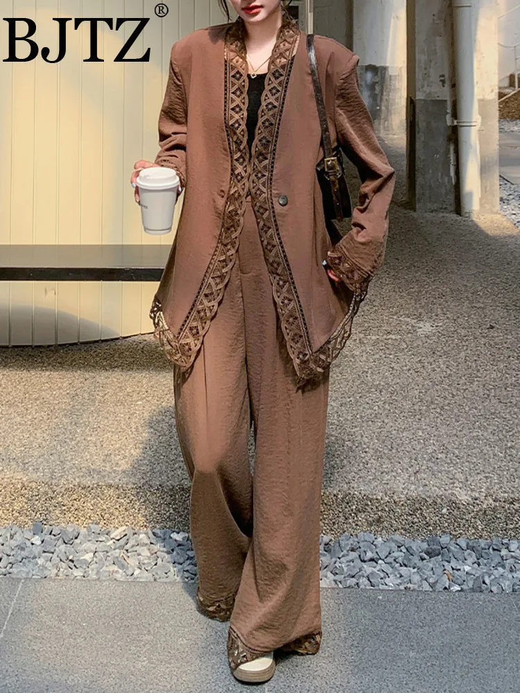 

BJTZ Lace Patchwork Blazer Set For Women's Autumn 2025 New Loose Temperament Wide Leg Pants Two-piece Set Woman