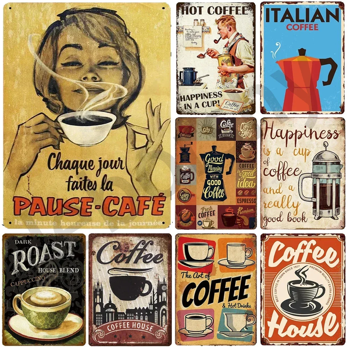Metall-Aluminium-Schilder Italienischer Kaffee Wanddekoration Plakette Vintage-Kunstposter Eisenmalerei für Männerhöhle Zuhause Café Garten Club