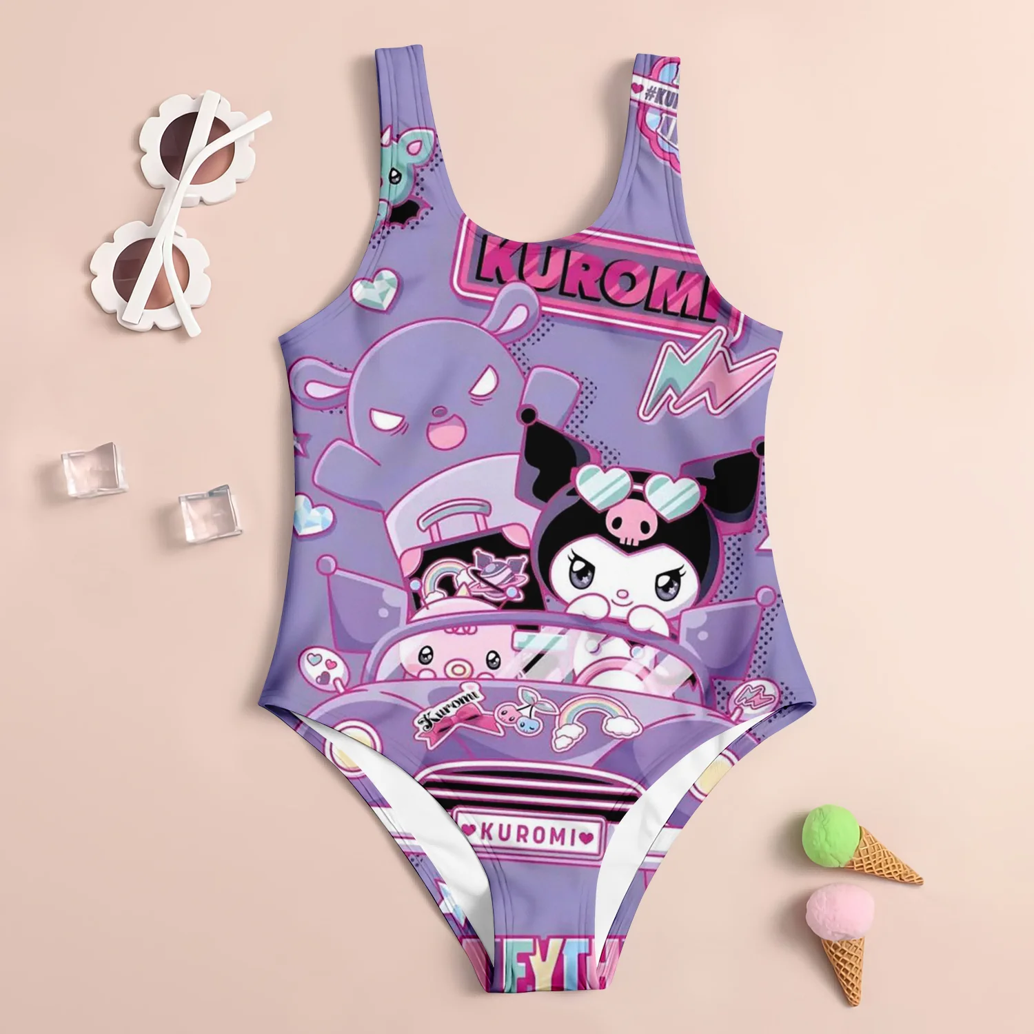 MINISO Girl Summer One-Piece Swimsuit Fashion Cartoon Cute LeopardPrint Hellokitty Print Women Swimwear Sleeveless Swim Clothing