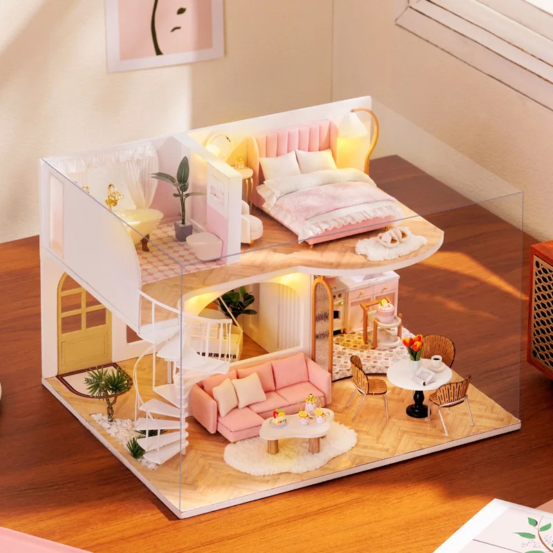 

Dollhouse Casa Whisper In The Morning Sweet Pink Princess Room Duplex Apartment Handmade Wooden Doll Houses with Furniture Toys