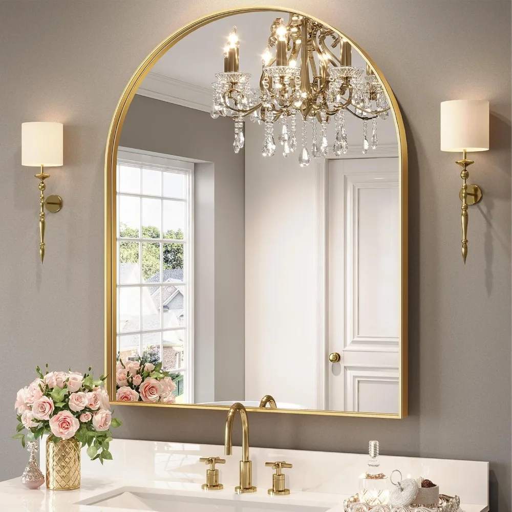 Illuminated arched mirror, 32 x 40 inch metal frame bathroom mirror, for living room bedroom mantel entryway hallway