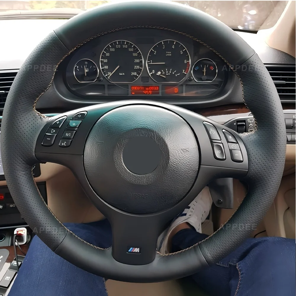 APPDEE Black Genuine Leather Hand-stitched Steering Wheel Cover for BMW E46 E39 330i 540i 525i 530i 330Ci M3 2001-2003