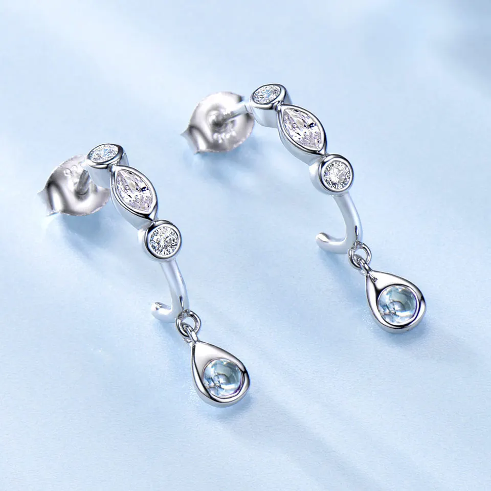 

Long 925 Sterling Silver Women Earrings Luxury White Sky Blue Zirconium Round Stone Stud Earring