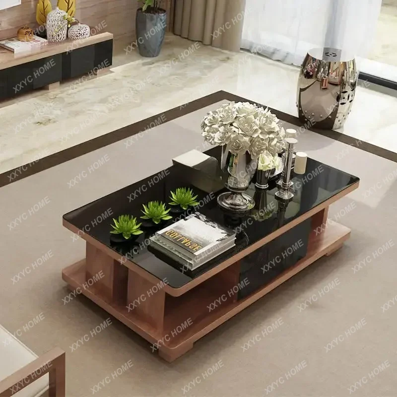 Coffee table solid wood granular walnut wood grain color black tempered glass sofa living room
