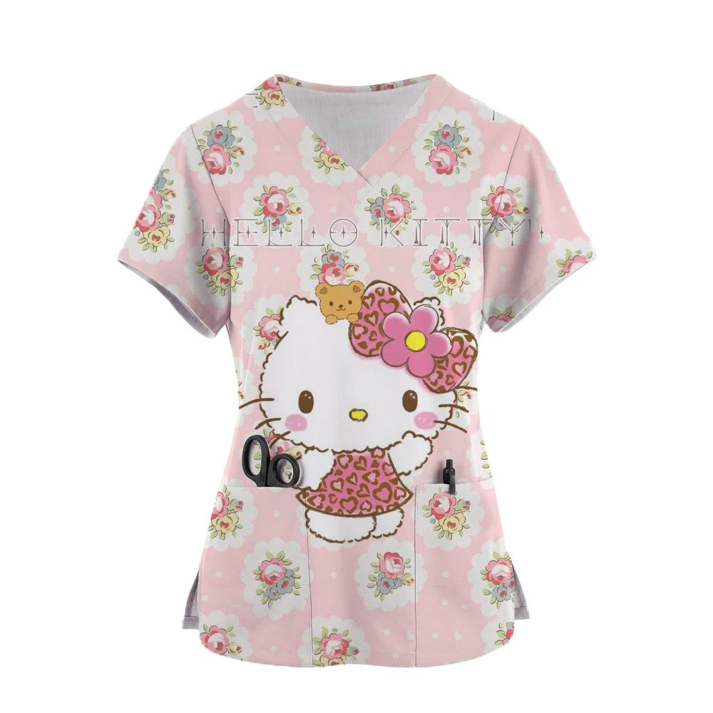 camiseta-feminina-uniforme-de-enfermeira-hello-kitty-camiseta-com-gola-v-camiseta-de-bolso-roupa-de-hospital-verao-2024