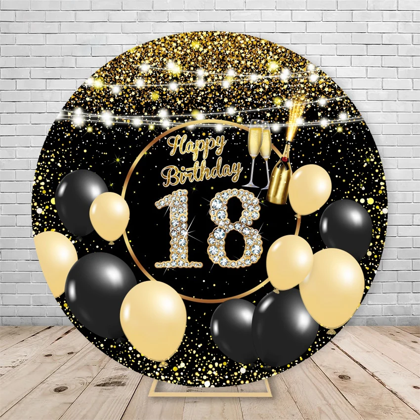 Black and Gold Birthday Round Background Circle Backdrop for Adult Customize Photo Studio Banner Photocall Elastic Cover