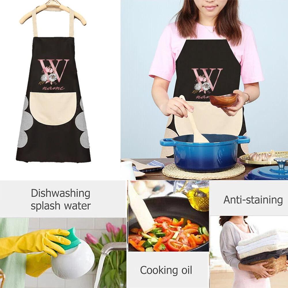 Customized Personality Name Kitchen Aprons for Men Women Home Chef Baking Clothes with Pockets Adult Bib 26 Letter Work Apron