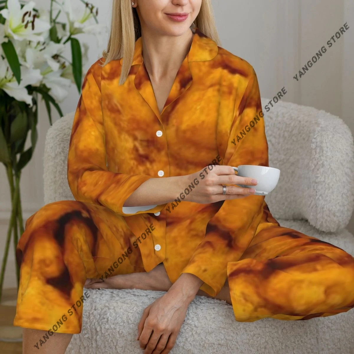 

Женские пижамы с жареными орехами, одежда для дома, одежда для сна из двух предметов, длинный пижамный комплект на пуговицах с длинными рукавами