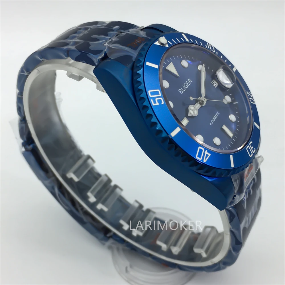 Reloj de buceo galvanizado para hombre, pulsera de acero inoxidable, cristal de zafiro, movimiento automático, correa de goma, caja azul, NH35, 40mm