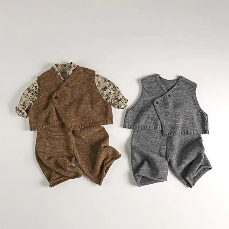 

2024 Autumn New Children Vintage Knitted Clothes Set Baby Boys Sleeveless Vest + Pants 2pcs Suit Kids Girls Sweater Outfits