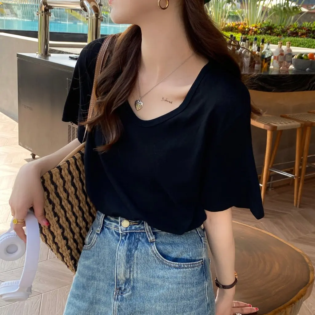 

Women's Summer Thin V-Neck T-Shirt Short-Sleeved Loose Top White Half-Sleeved New Fashionable Casual Wear