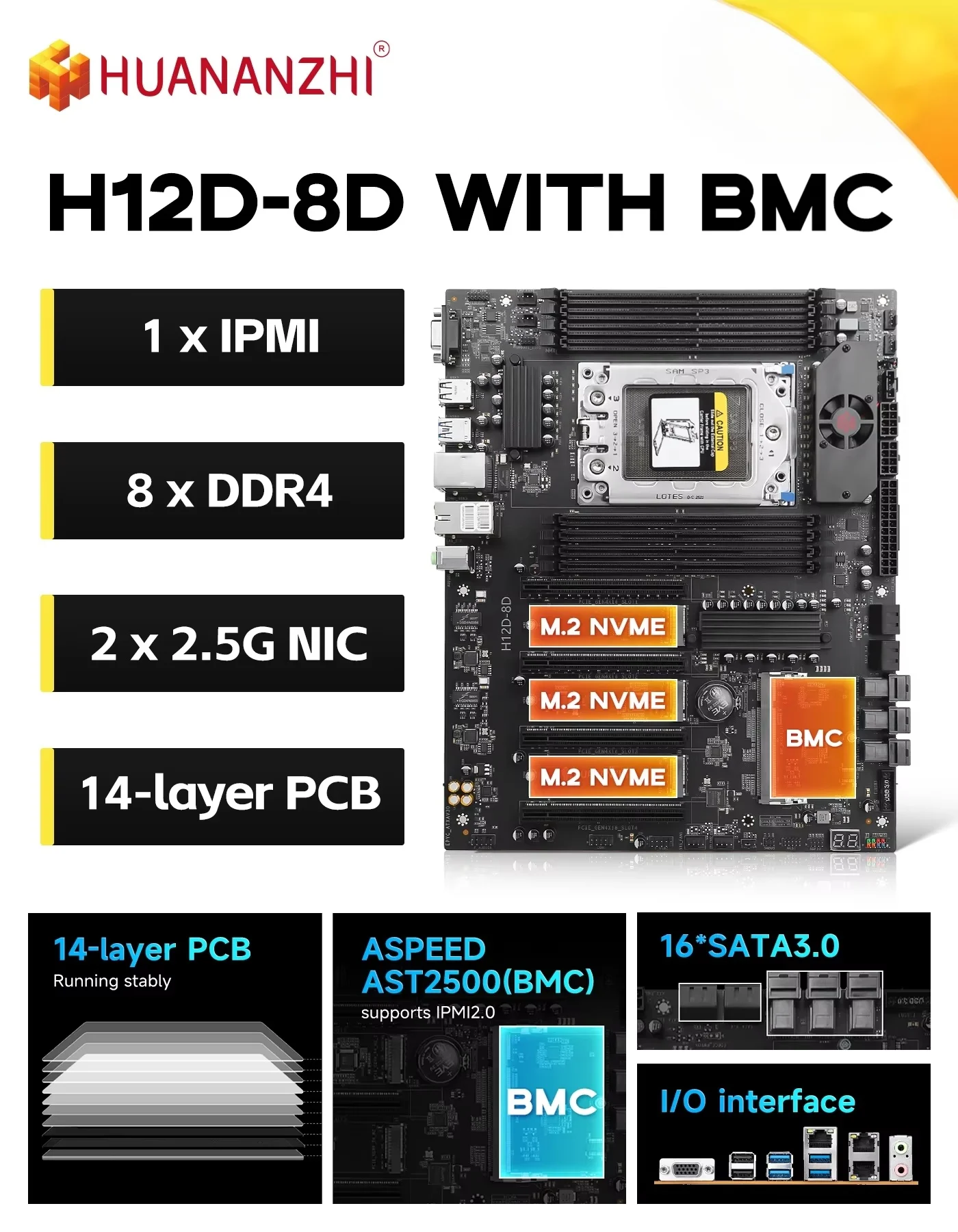 

HUANANZHI H12D 8D AMD Motherboard with BMC module support AMD EPYC 7002 7003 series CPU 8 channel memory Dual 2.5G network IPMI
