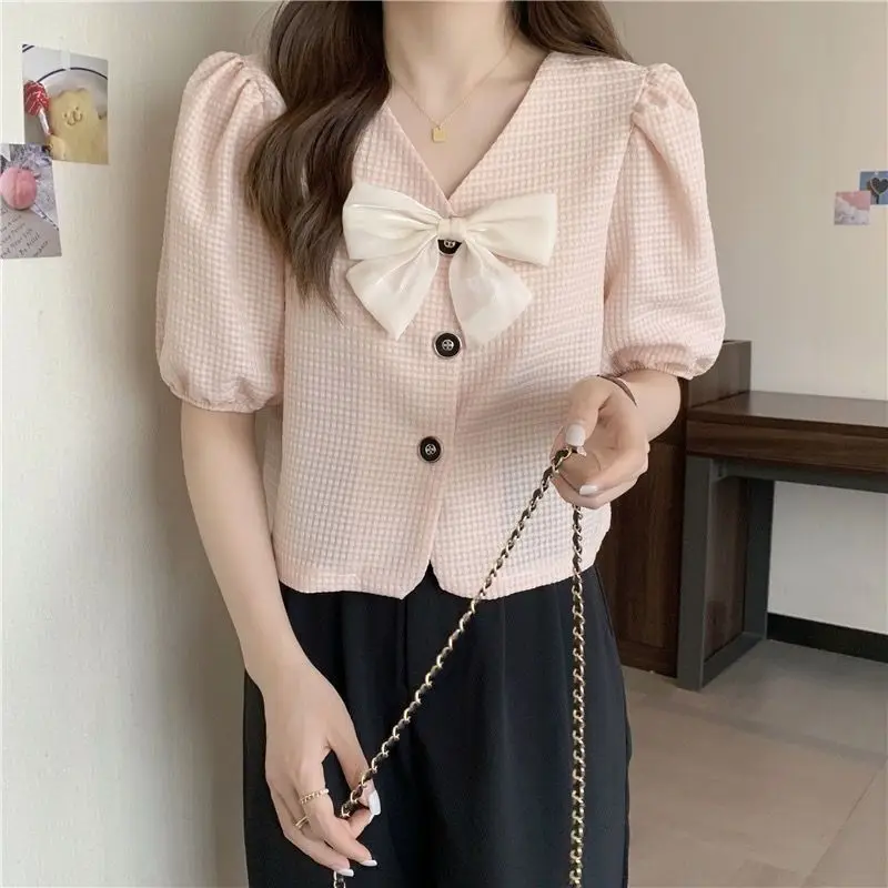 Cropped Shirts Women Summer V-neck Sexy Fashion Elegant French Style Puff Sleeve Tender Streetwear Popular Chic Young Office Ins