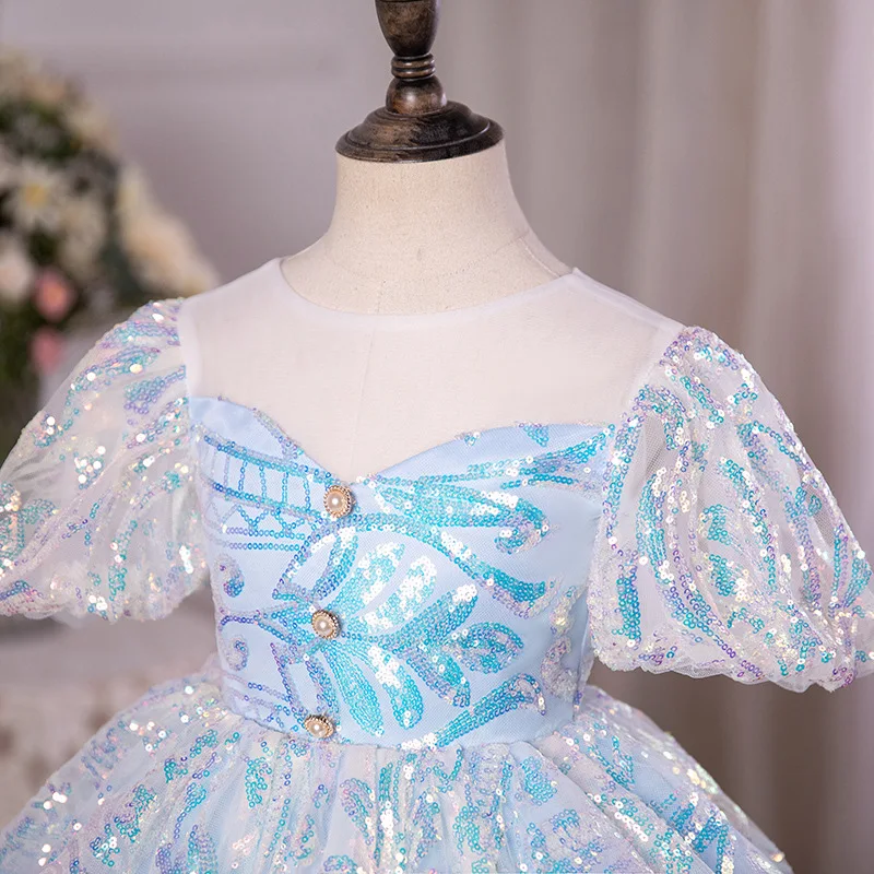 Customized Sequined Ball Gown Flower Girl Dresses O-Neck Puff Sleeve Bow Girl Birthday Gowns Temperament Elegant Junior Bridesma