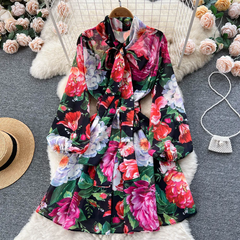 AELEWELL Spring Summer Runway Rose Boho Short Dress Women\'s Bow Tie Long Lantern Sleeve Floral Print Beach Chiffon Dress A537