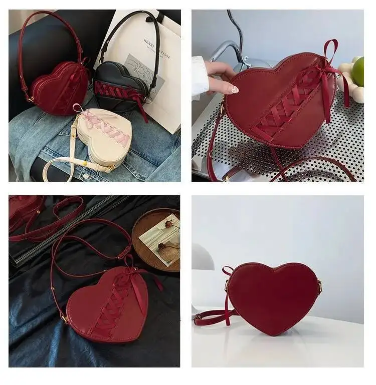 Bloom Heart Red Crossbody Bags For Women 2025 Pu Leather Chic Bow Messenger Bag Ladies Retro Sweet Handbag Purse Female