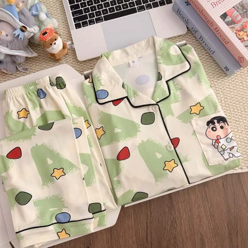 Conjunto de Pijama de Satén con Estampado de Anime Crayon Shin Chan para Mujer, Lindo Conjunto de Dormir de 2 Piezas con Botones de Dibujos Animados, Ropa de Dormir Suave, Nuevo Estilo