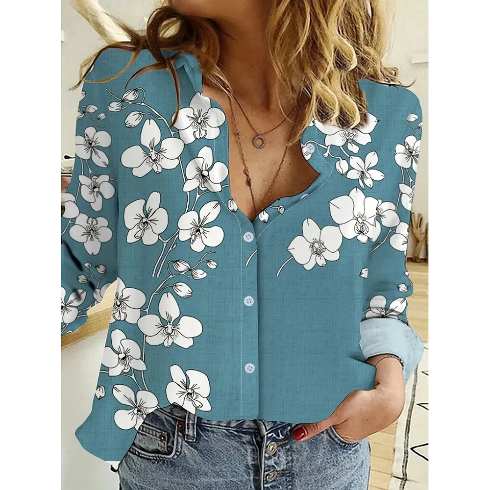 Women's Long Sleeve Casual Shirts Turn Down Collar Hemp Fiber Blouse 3d Floral Plant Print Clothes Oversized Female Fashion Tops