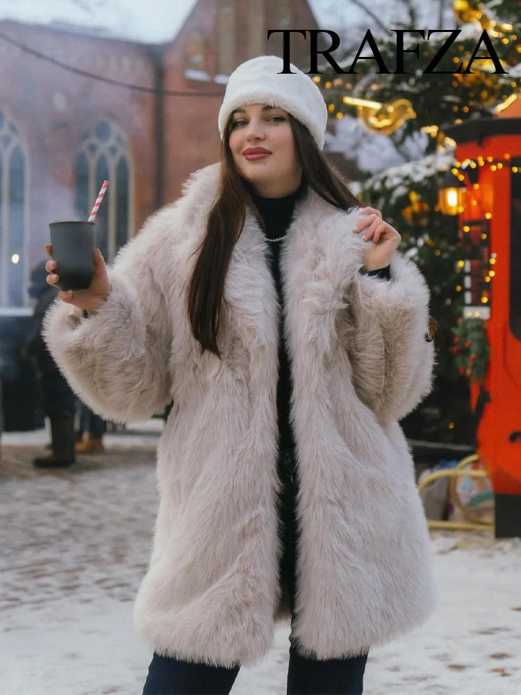 TRAFZA, moda para mujer, cárdigan de manga larga con efecto de piel sintética lisa, abrigo de invierno para mujer, abrigo informal elegante con bolsillos de calle alta