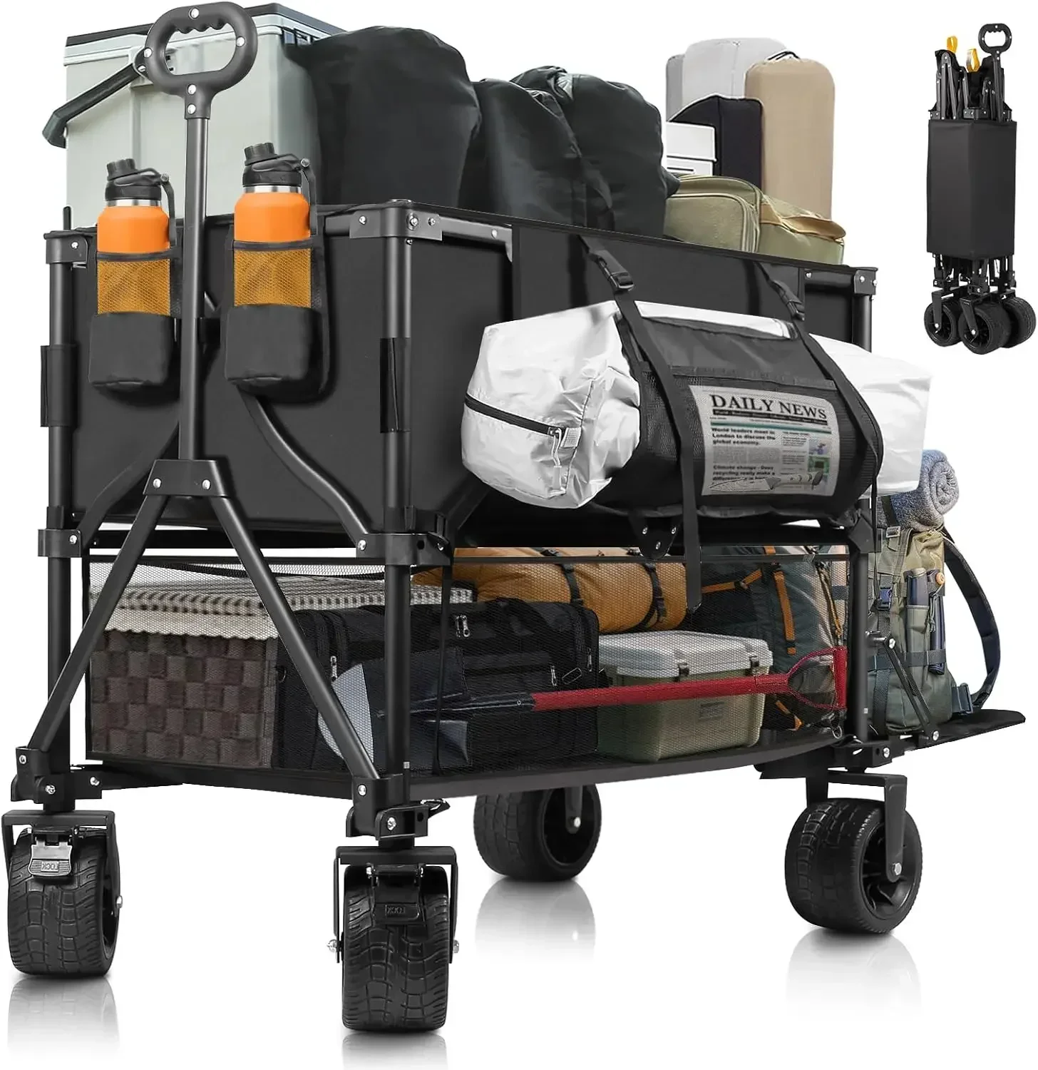 Double Decker Wagon Heavy Duty Collapsible, 600LBS 400L Capacity Foldable Utility Cart with Big Wheels for Beach, Outdoor, Campi