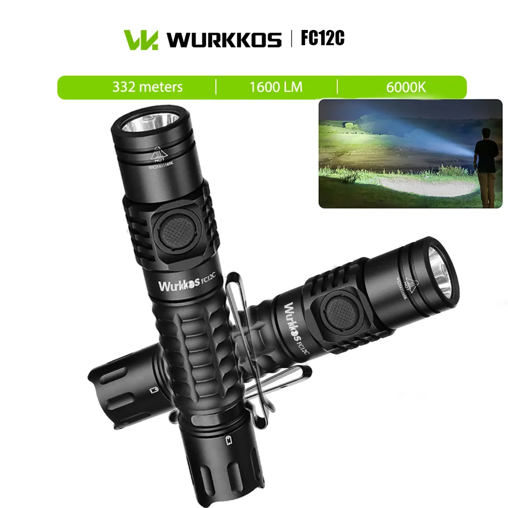 Wurkkos FC12C 1600LM Torcia Tattica Compatta e Resistente 6000K IP68 Ricaricabile LED SFT40 Raggio 332 Metri per Esterni