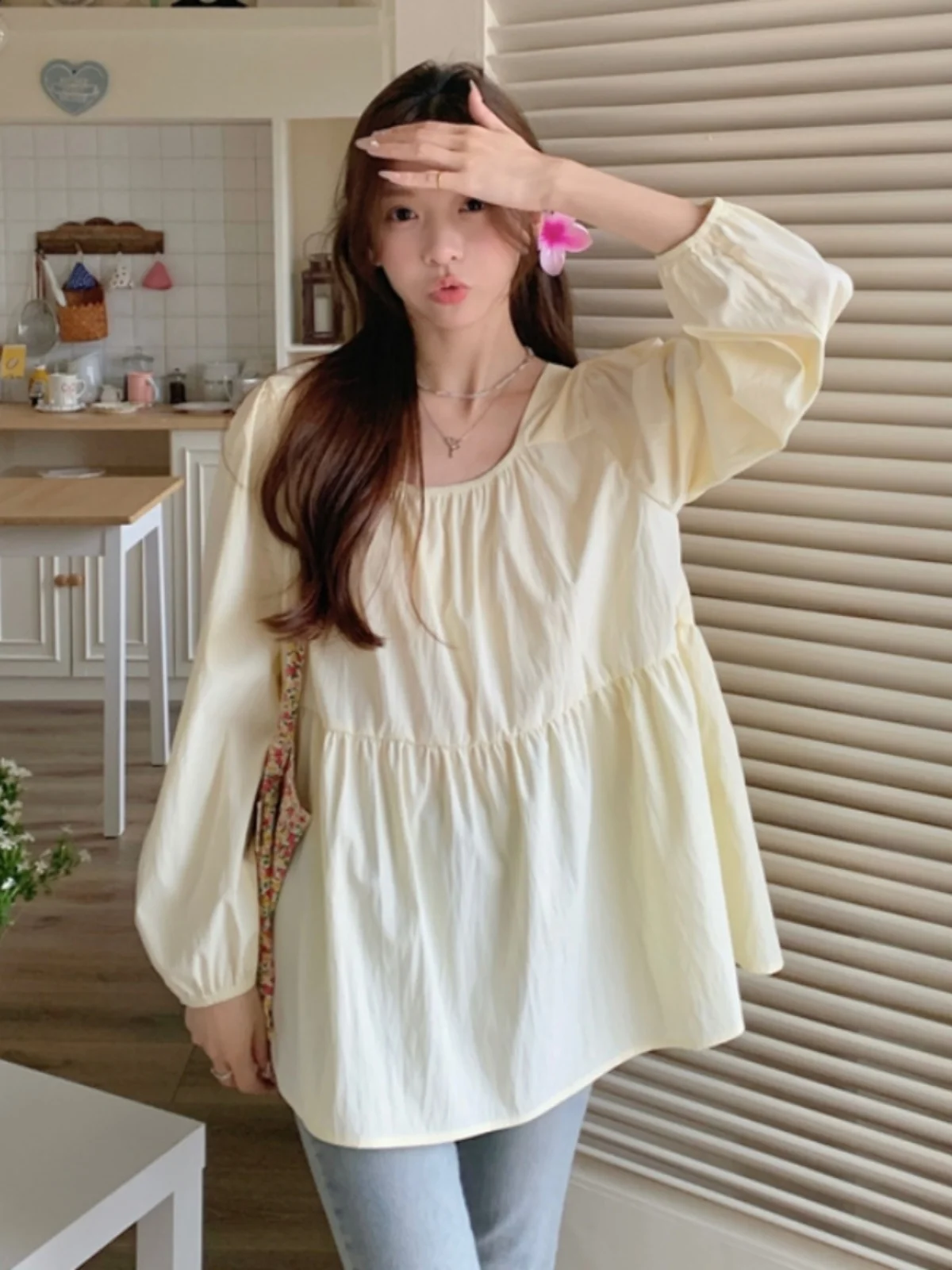 

Sweet Long Sleeve Shirt Women's Spring Autumn plus Size Loose Belly Covering Doll Shirt Korean Style Casual Comfortable Top