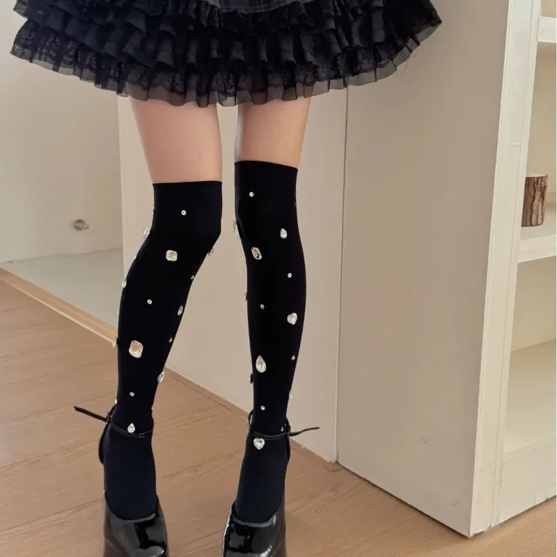 

SP&CITY Unique Design Handmade Heart Rhinestone High Tube Socks Lolita Sweet Girl Black Geometric Diamond Stocking for Women