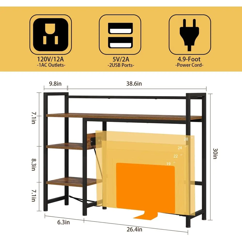 Book Shelf with 3 Tier Open Shelf, Bookcase with Light Strip and Outlet, Bookshelf & Desk Shelfs for Computer Desks, Desk Hutch