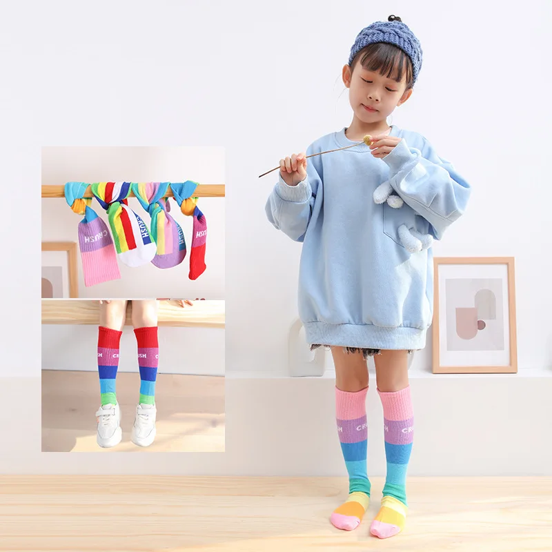 Spring and Summer Thin Children\'s Fashion Rainbow Striped Alphabet Hipster Comfortable Stockings for Boys and Girls