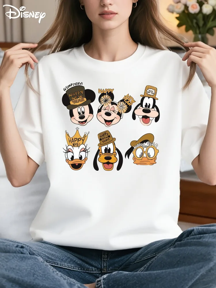 

Женская футболка Disney с Микки и Минни Маус, Дональд Дак и Гуфи, новогодняя вечеринка, топ с короткими рукавами, повседневная рубашка для отпуска