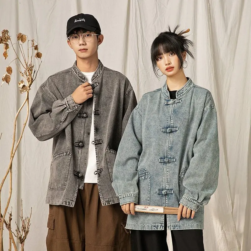 

Джинсовый джинсовый тюжет свободного покроя с воротником, мужская верхняя одежда в китайском стиле ретро для пар, национальный костюм Eth Tang