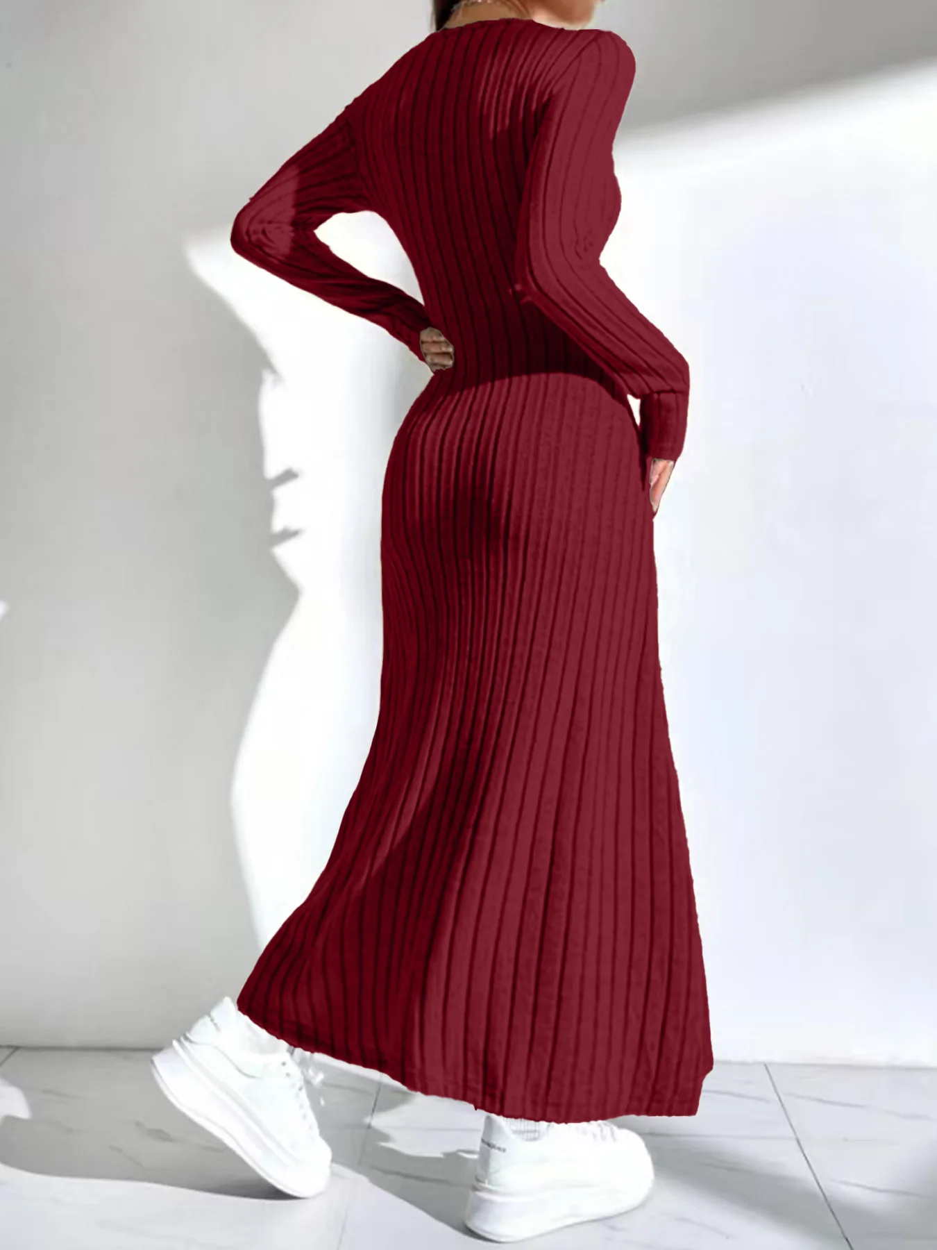 Retro bordeauxrode pitstrip gebreide rok met vierkante hals, lange mouwen, slanke lange rok met hoge taille
