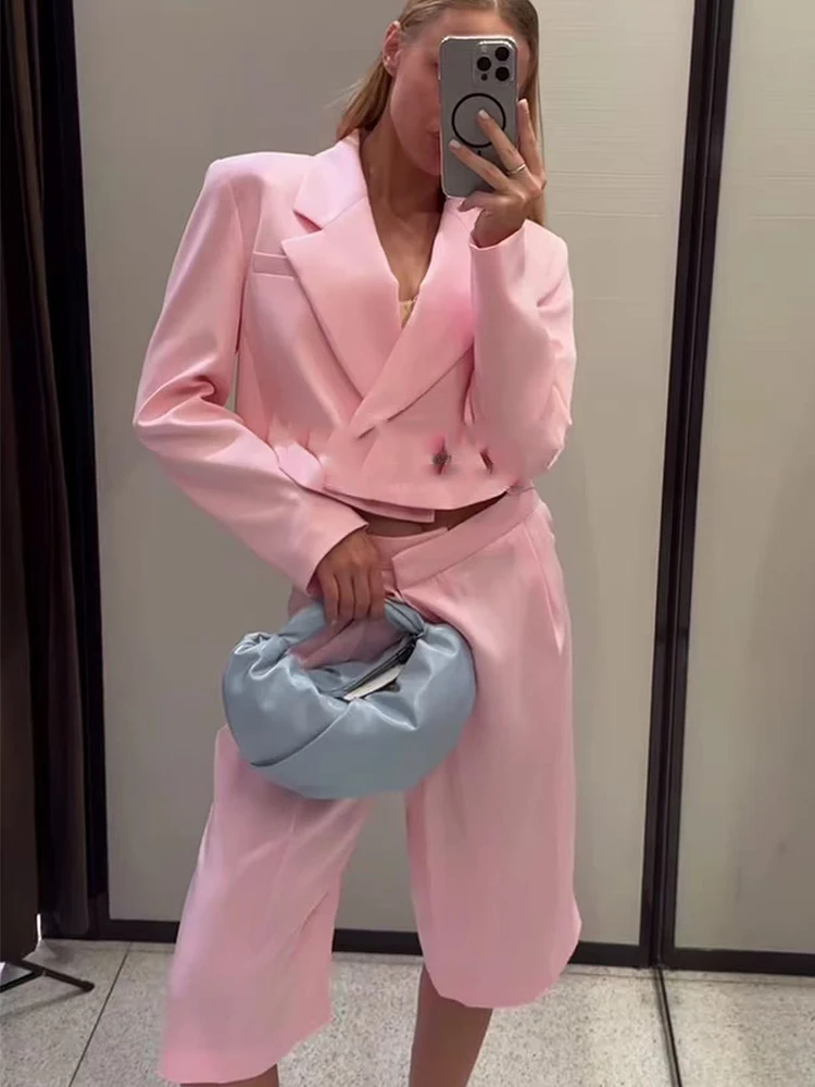 Elegant Women's Blazer Trousers Suit Pink Long Sleeve Double Breasted Short Top Half Straight Pants Set Summer Chic Lady Outfits view 2