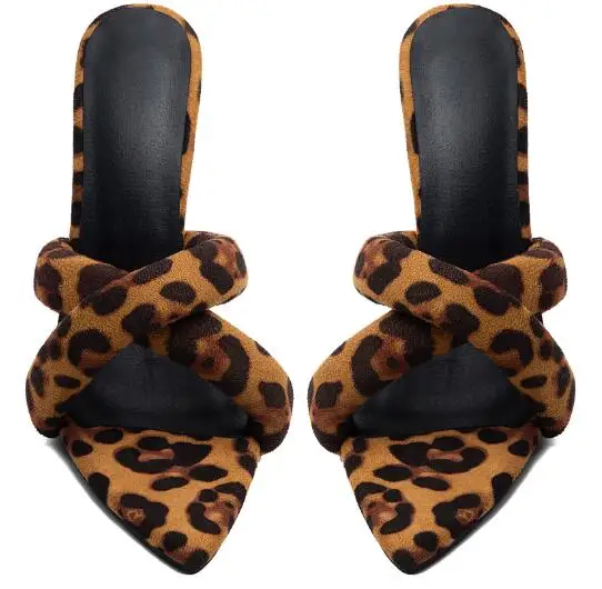 Women Leopard Print Pointed Open Toe Mules Sandals Criss‑Cross Padded Strap Stiletto High Heels Slip‑On Party Summer Slippers