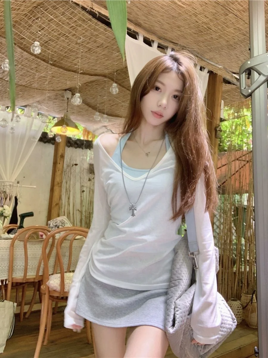 女性のロング Sve V-Ne T-irt セットファイオナブルな痩身夏服日焼け止めレイヤリング Ne ハンギングストラップベスト