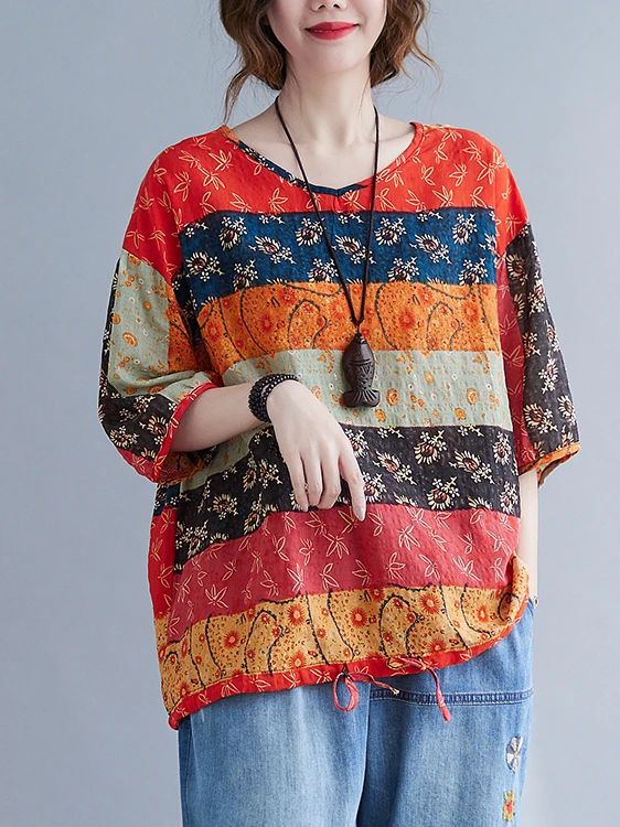 Cseta Casual de Aodão e Linho com Manga Curta, Decote Redondo, Ajuste Solto, Tamanho Plus, Top Vintage F que Disf...