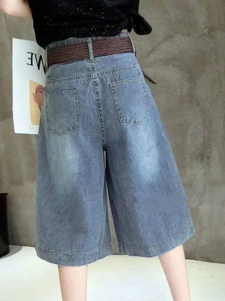 Celana Jeans Kaki Lebar Pinggang Tinggi Wanita Celana Tujuh Kaki Trendi Kasual Lurus Pelangsing Longgar Faion Baru Tipis Musim Panas