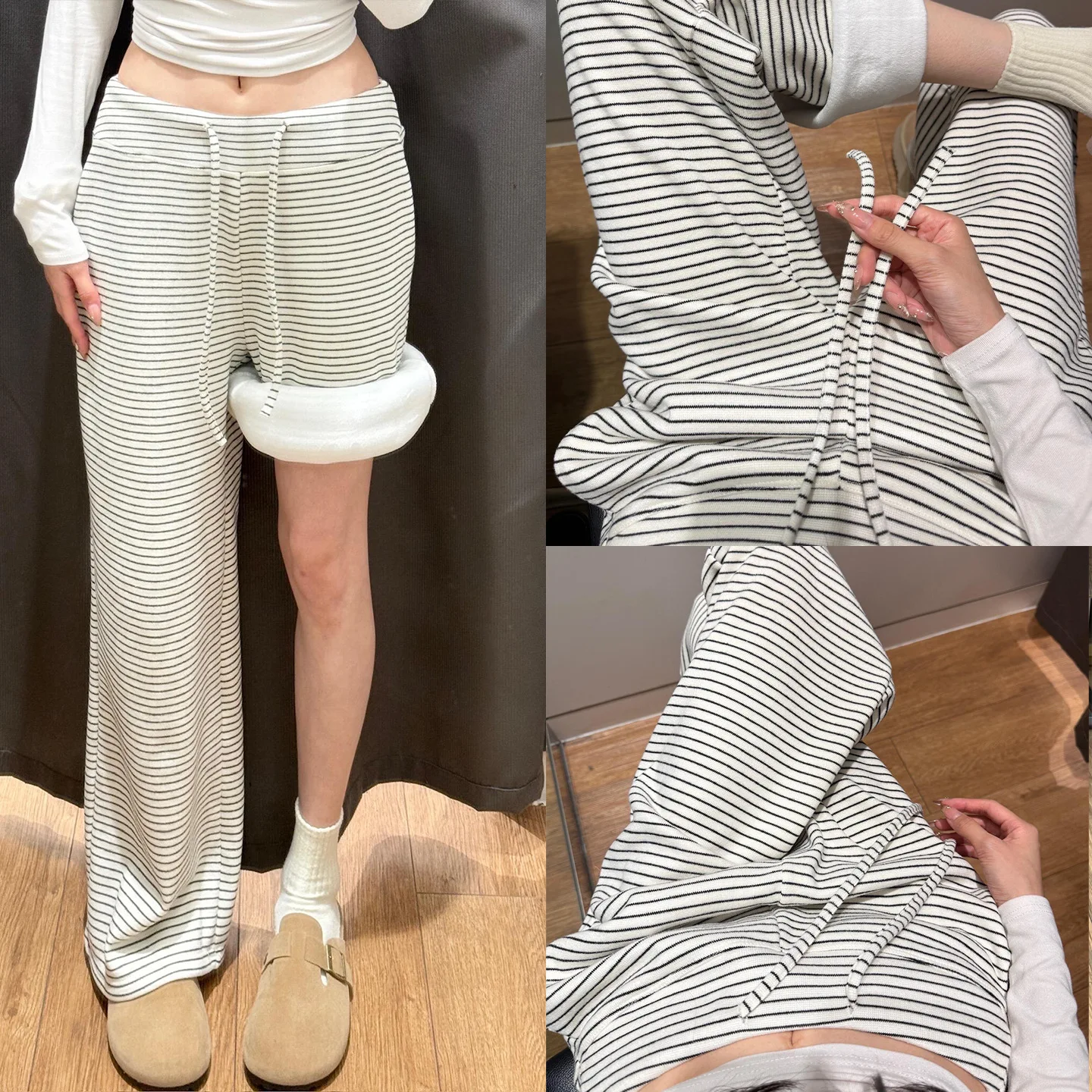 Striped Fleece-Lined Glutinous For Women, Autumn And Winter 2025 New Lazy Style, High Waist, Loose Fit, Slimming Straight-Leg