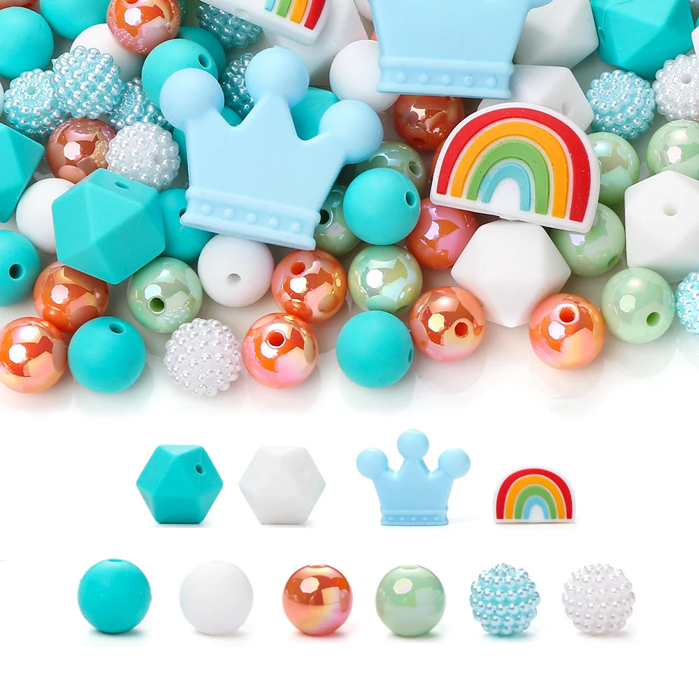 70Pcs Newborn Teether Silicone Bead Rainbow Crown Bead Food Grade Diy Baby Pacifier Chain Jewelry Accessories for Jewelry Making