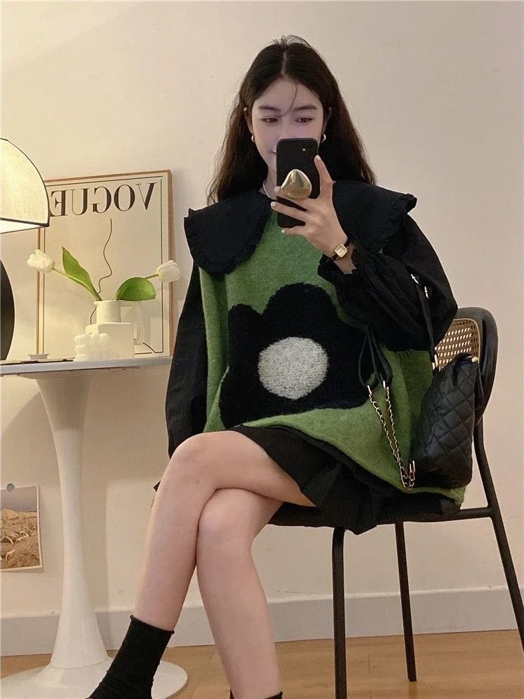 Green Lady Sweaters Flowers Knit Vests for Women Loose Pullover Waistcoat Casual Aesthetic Tops 2024 Y2k Autumn Winter Wool Warm