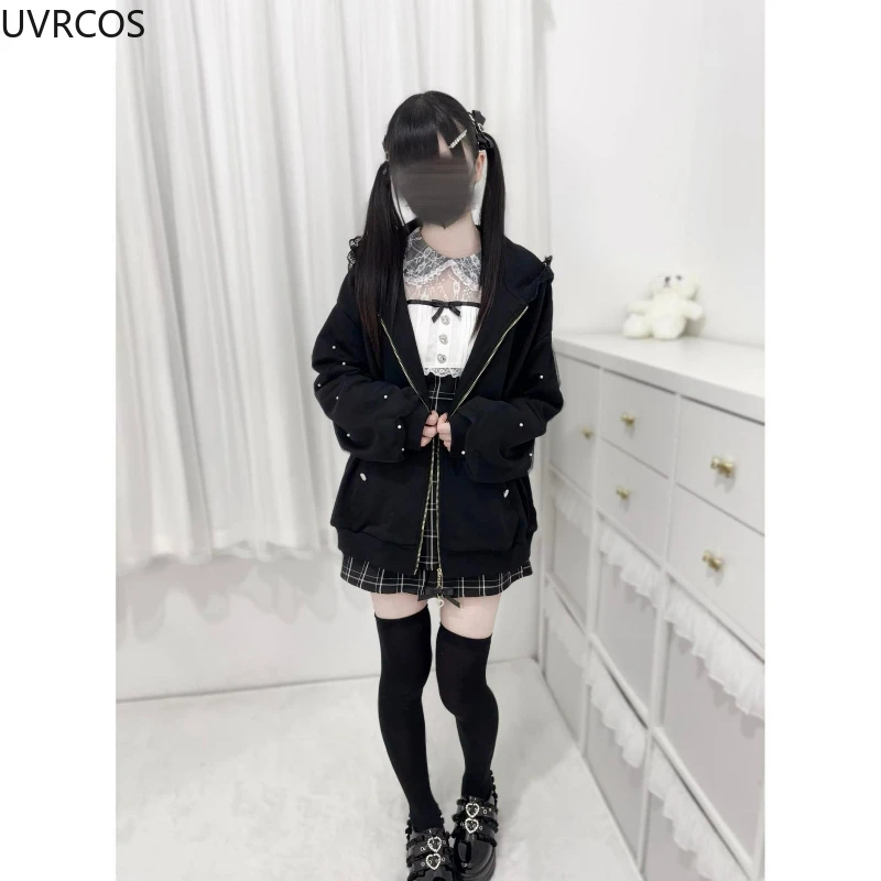Japanese Gothic Style Y2k Lace Bunny Hooded Coat Women Sweet Pearl Gauze Patchwork Jackets Oversized Harajuku Kawaii Zipper Top