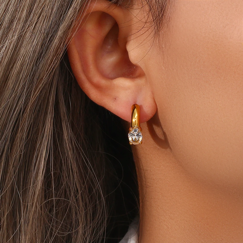 Classcial Thick Chunky Gold Plated Round Hoop Earrings For Woman Stainless Steel Waterproof Oval Zircon Crystal Earring