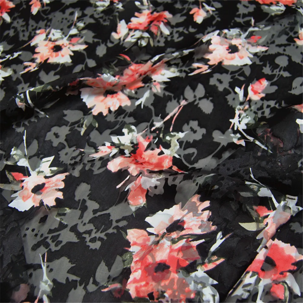 

Promotion Newest Black Ground Red Floral Silk Burn Out Fabric with Soft Feeling Material for Girl Dress