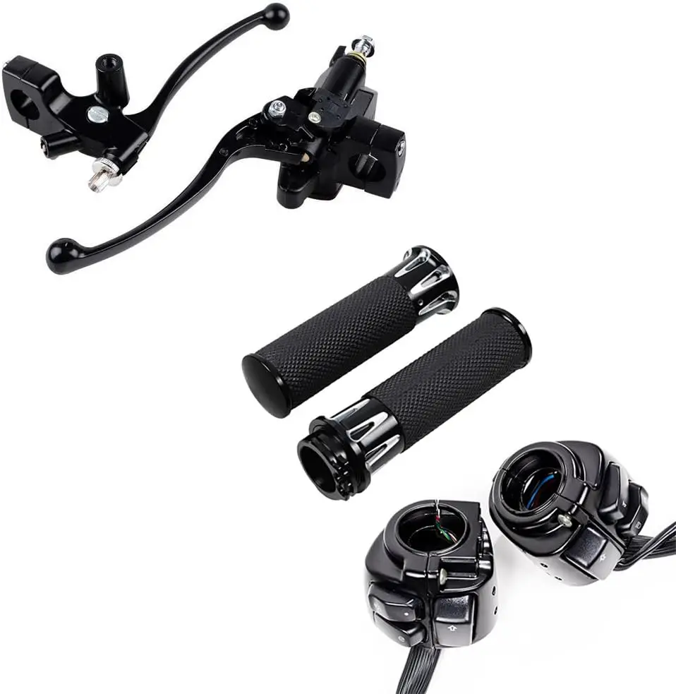 

Black 1" Handlebar Switch Controls + Clutch Brake Levers + Hand Grips Compatible with 1996-2012 Harley Sportster Dyna Softail