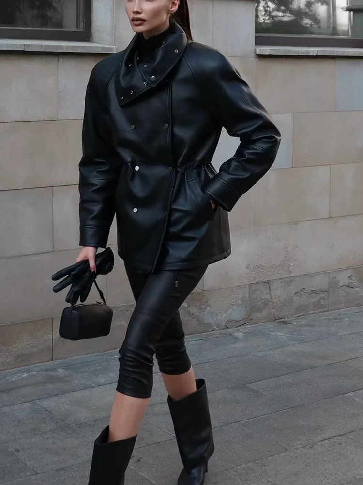 Giacca in similpelle a maniche lunghe con vita doppiopetto versatile in stile europeo e americano autunno nuova moda femminile